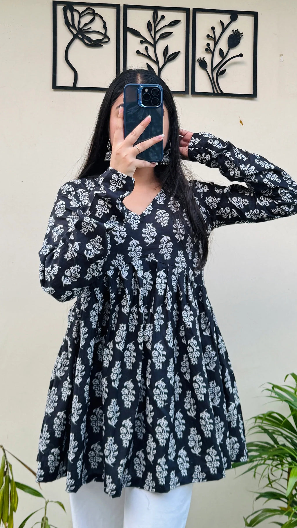 Cotton Flared Black Floral Print Aliacut Peplum Top - Dolled Up