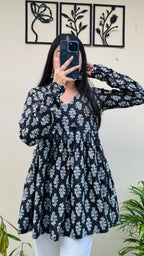 Cotton Flared Black Floral Print Aliacut Peplum Top - Dolled Up