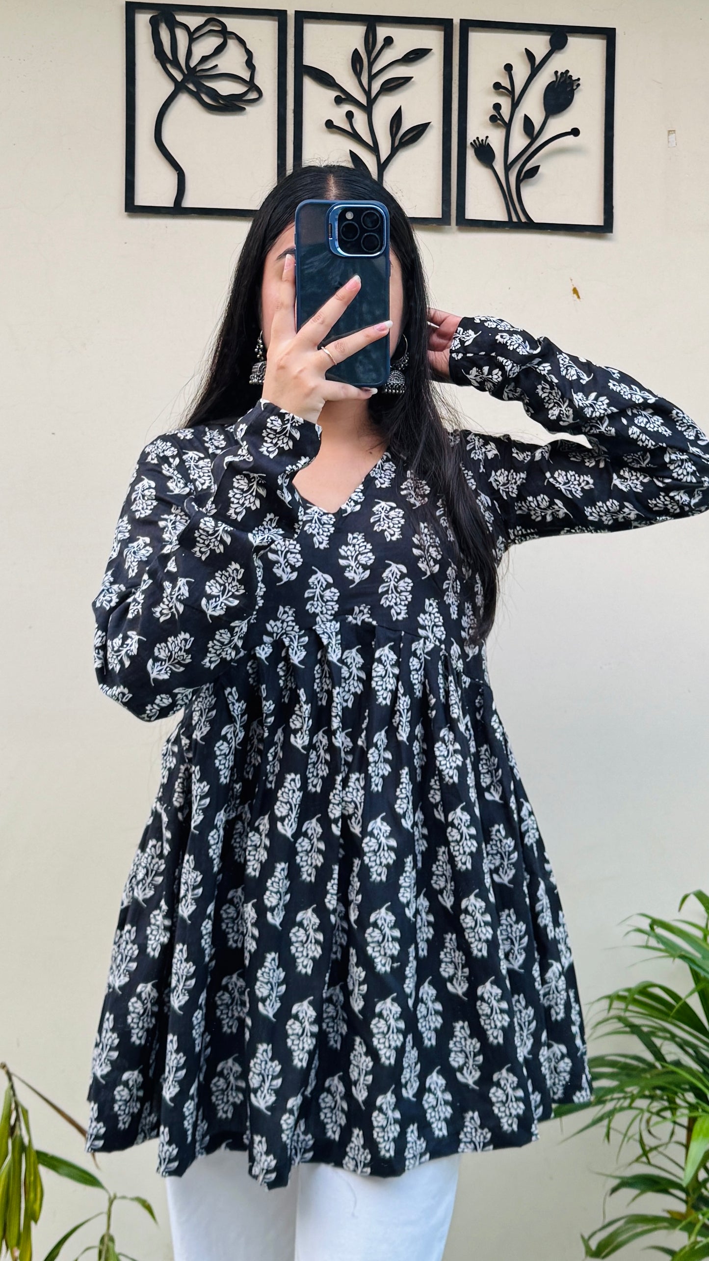 Cotton Flared Black Floral Print Aliacut Peplum Top