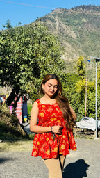 Cotton Flared Red Back Less Neck Design Short Kurti - Dolled Up