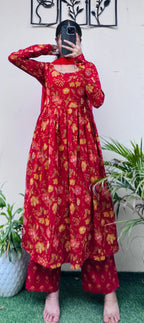 Beautiful Cotton Red Anarkali Suit Set - Dolled Up