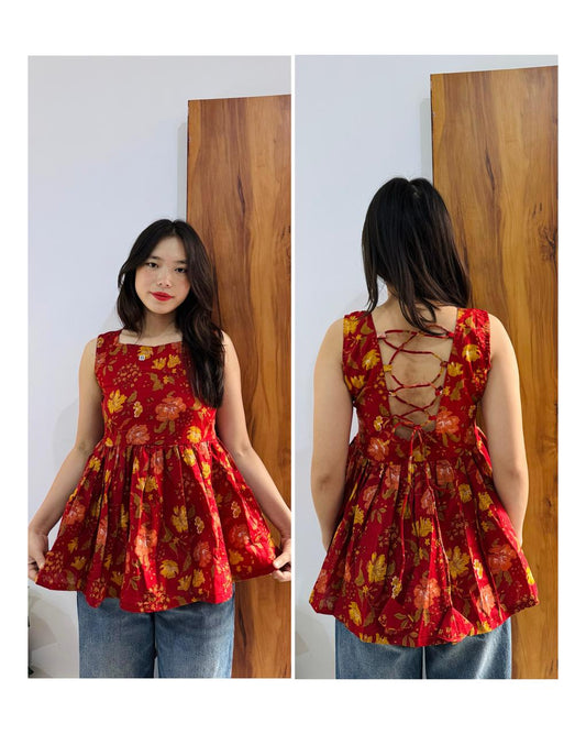 Cotton Flared Red Backless Neck Design Short Kurti