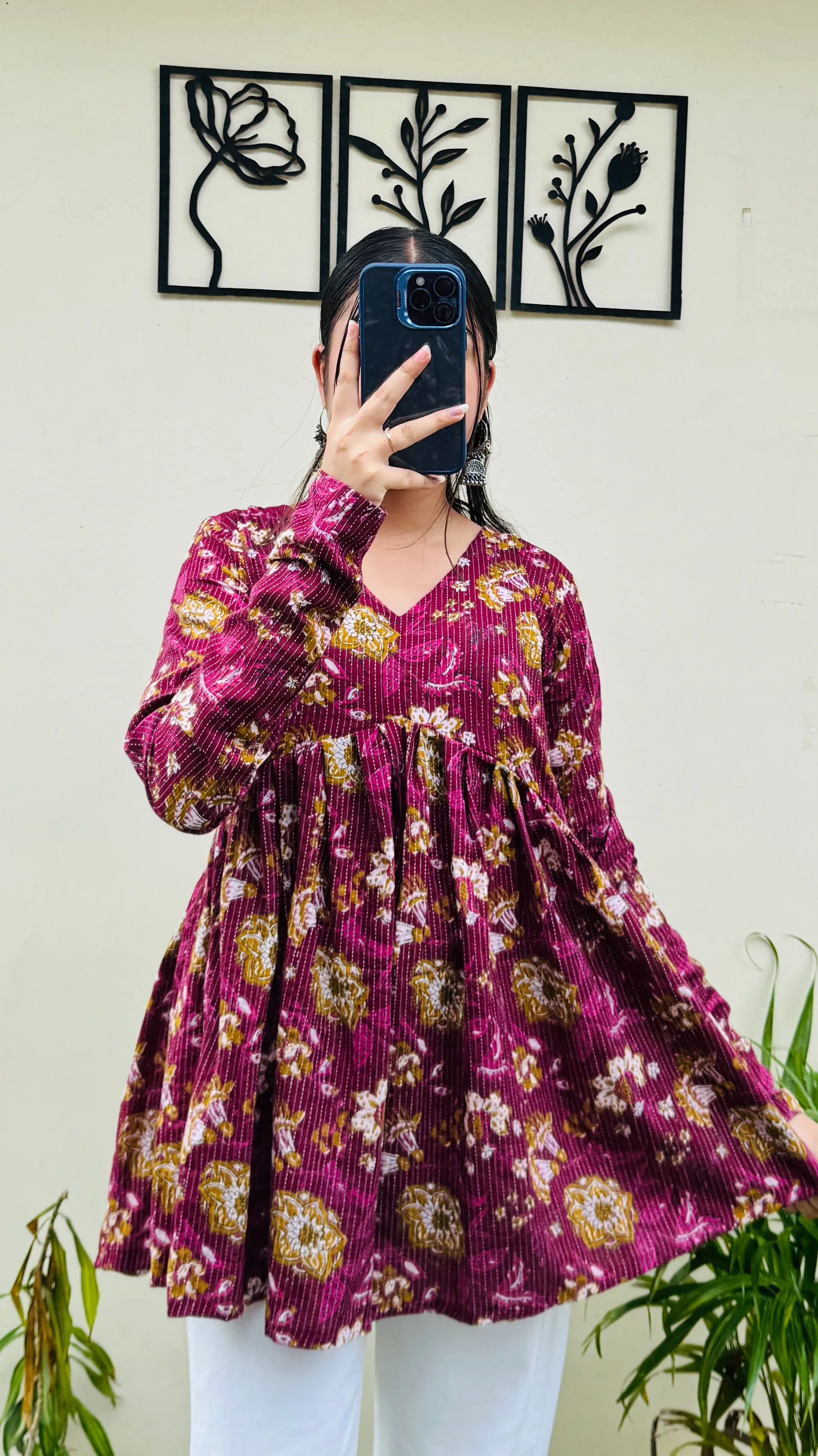 Cotton Katha Flared Wine Aliacut Floral Print Peplum Top - Dolled Up