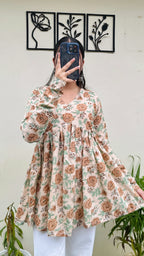 Cotton Flared Beige Aliacut Floral Print Peplum Top - Dolled Up