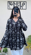 Cotton Blue Flared Printed Aliacut Peplum Top - Dolled Up