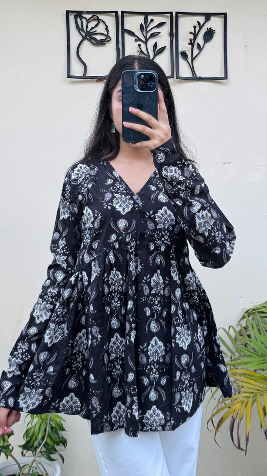 Cotton Blue Flared Printed Aliacut Peplum Top