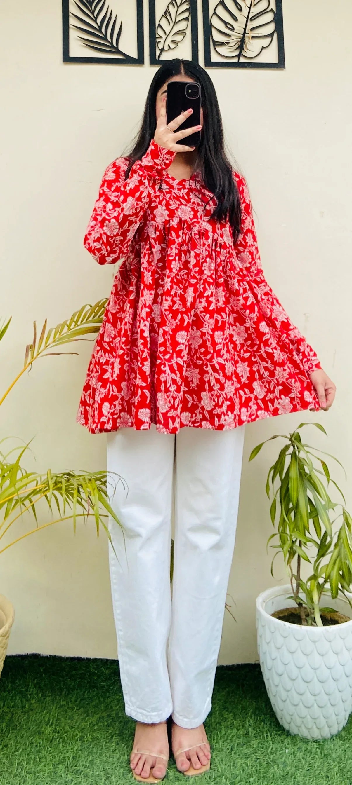 Cotton Red Flared Aliacut Floral Print Peplum Top - Dolled Up