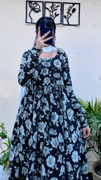 Beautiful Cotton Katha Black Anarkali Suit Set - Dolled Up