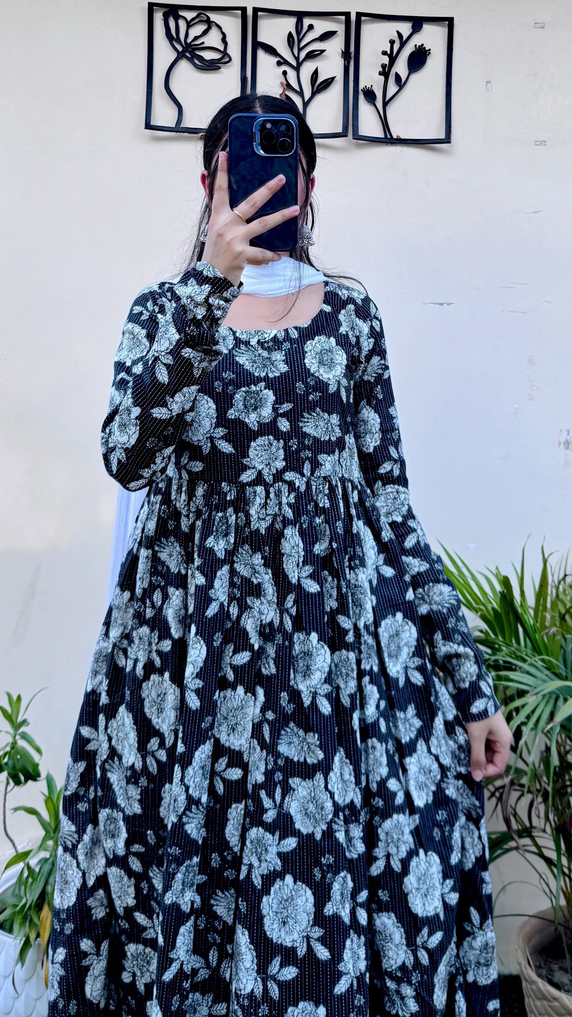 Beautiful Cotton Katha Black Anarkali Suit Set - Dolled Up