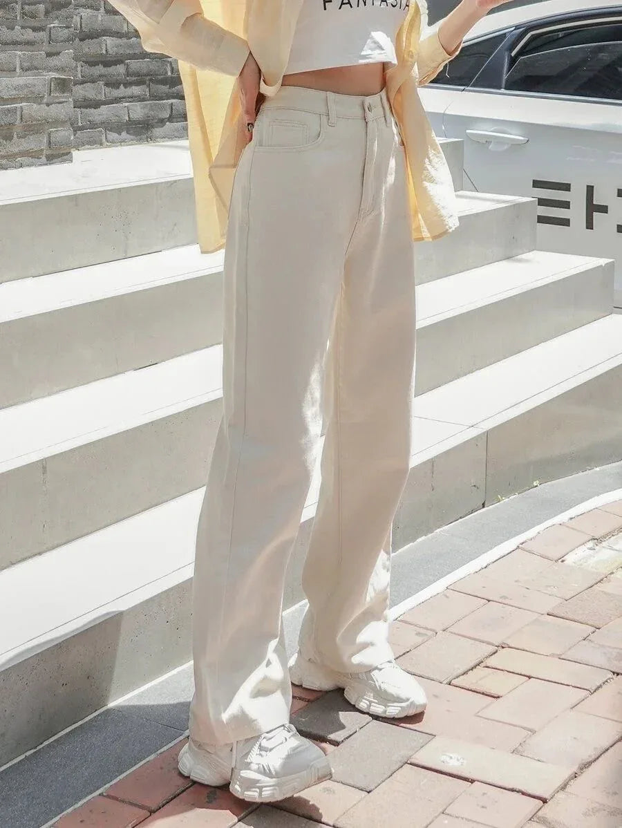 High Waisted Cream Wide Leg Denim Jeans - Dolled Up