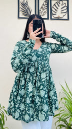 Cotton Flared Olive Green Printed Aliacut Peplum Top - Dolled Up