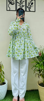 Cotton Flared White Aliacut Floral Print Peplum Top - Dolled Up