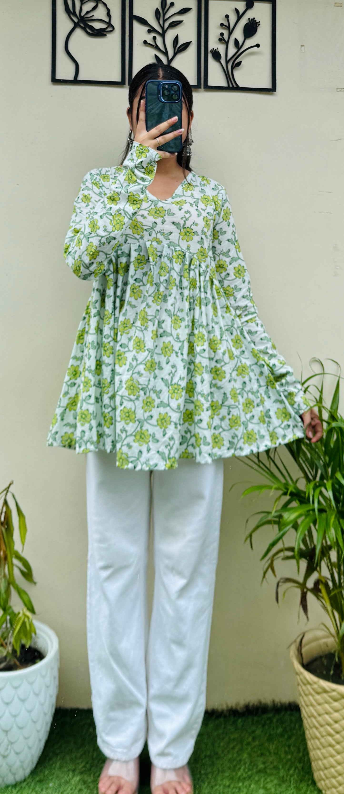 Cotton Flared White Aliacut Floral Print Peplum Top