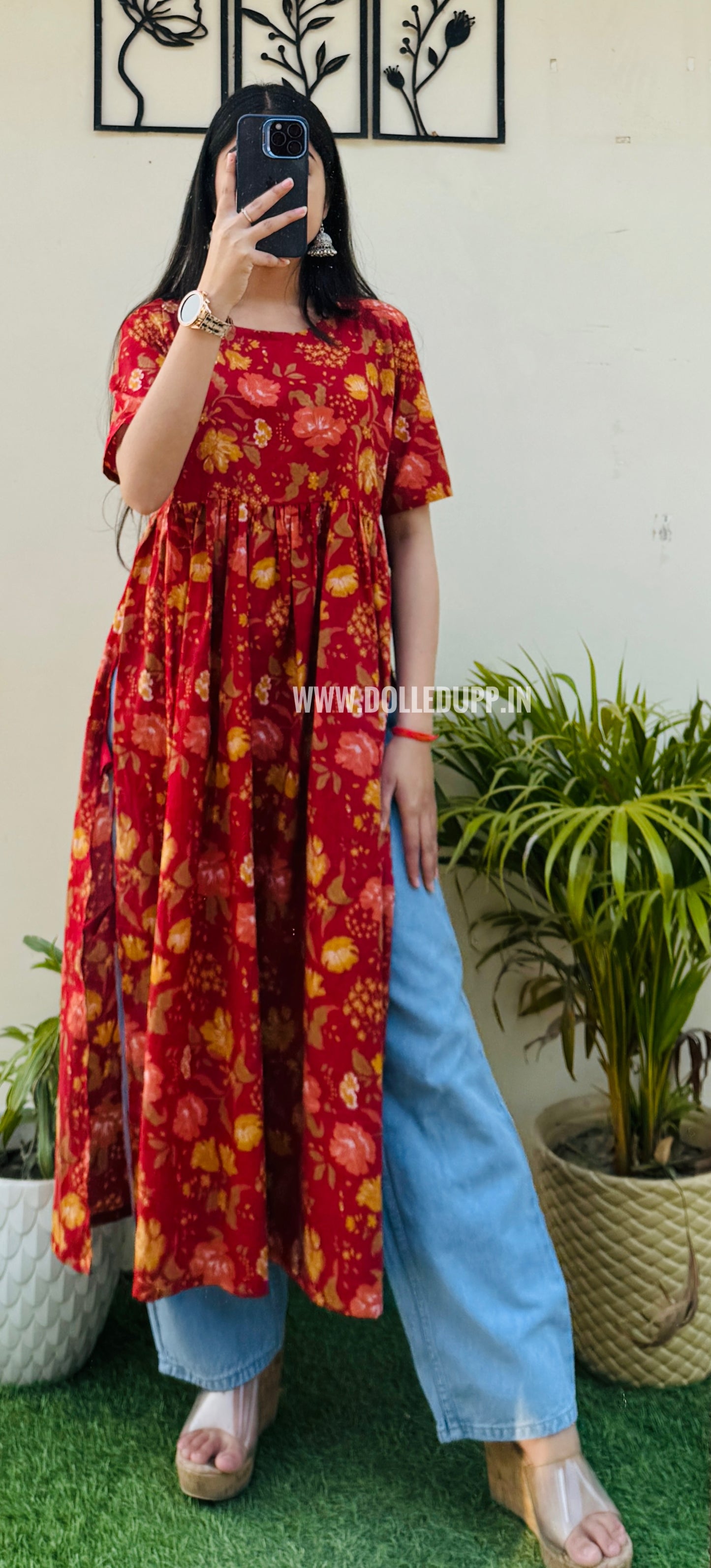Cotton Printed Red Nyra Cut Long Kurti