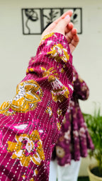 Cotton Katha Flared Wine Aliacut Floral Print Peplum Top - Dolled Up