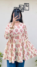 Cotton Cream Flared Printed Aliacut Peplum Top - Dolled Up