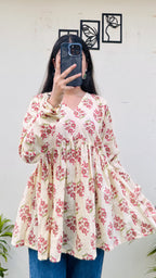 Cotton Cream Flared Printed Aliacut Peplum Top - Dolled Up