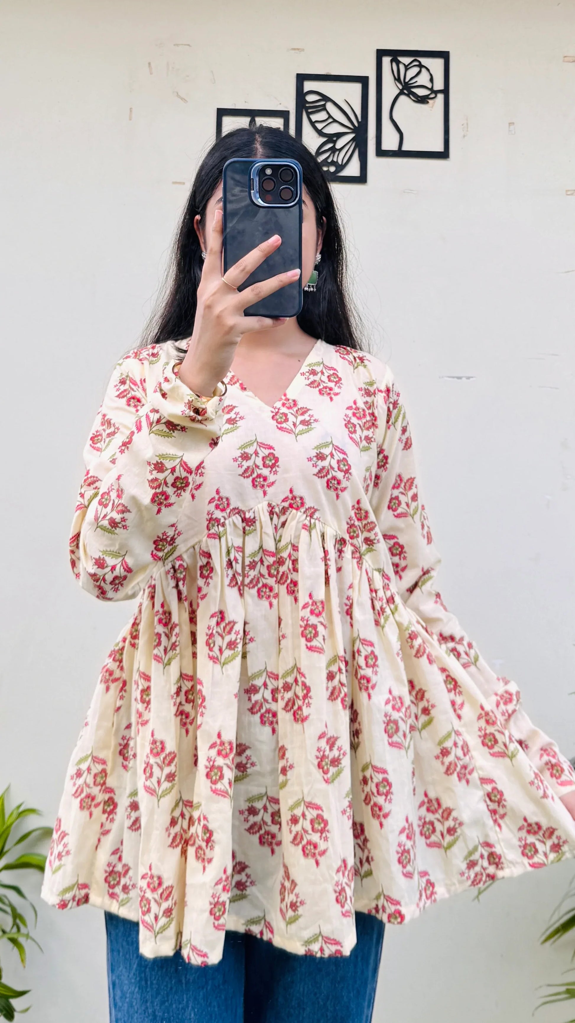 Cotton Cream Flared Printed Aliacut Peplum Top - Dolled Up