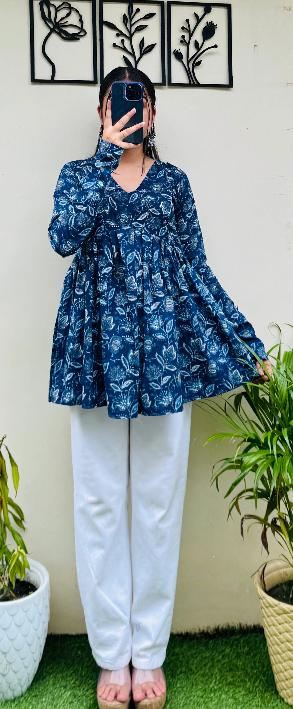Cotton Flared Blue Aliacut Floral Print Peplum Top - Dolled Up