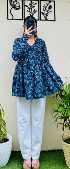 Cotton Flared Blue Aliacut Floral Print Peplum Top - Dolled Up