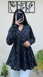 Cotton Black Flared Printed Aliacut Peplum Top - Dolled Up
