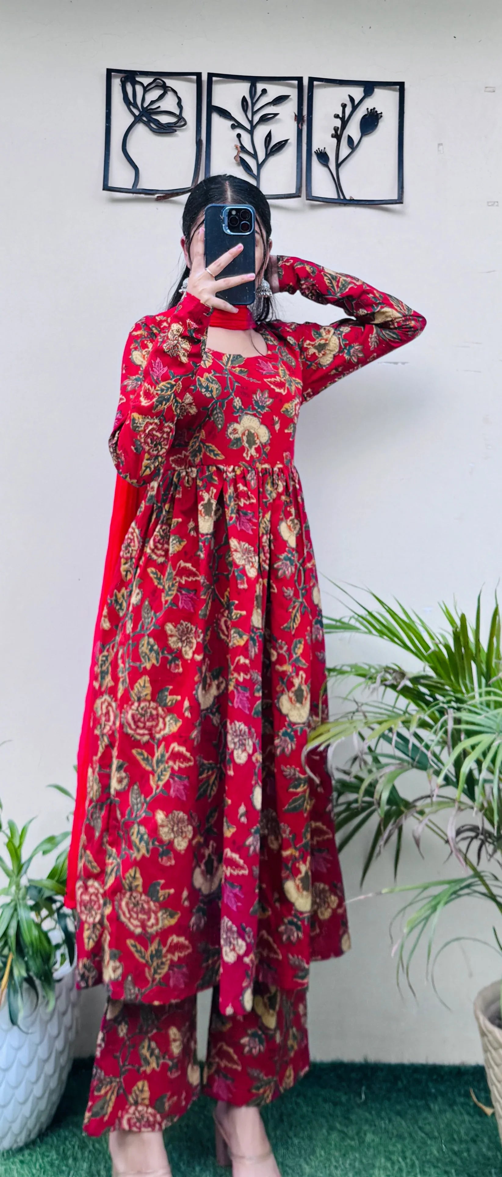 Beautiful Cotton Red Anarkali Suit Set - Dolled Up