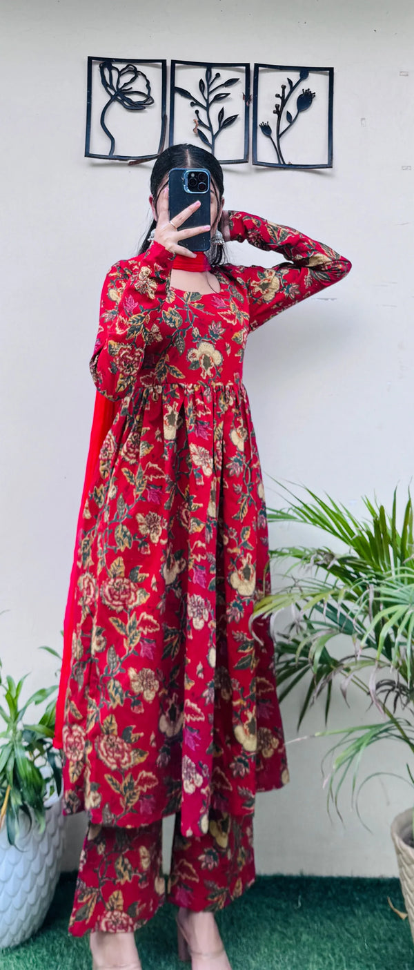Beautiful Cotton Red Anarkali Suit Set - Dolled Up