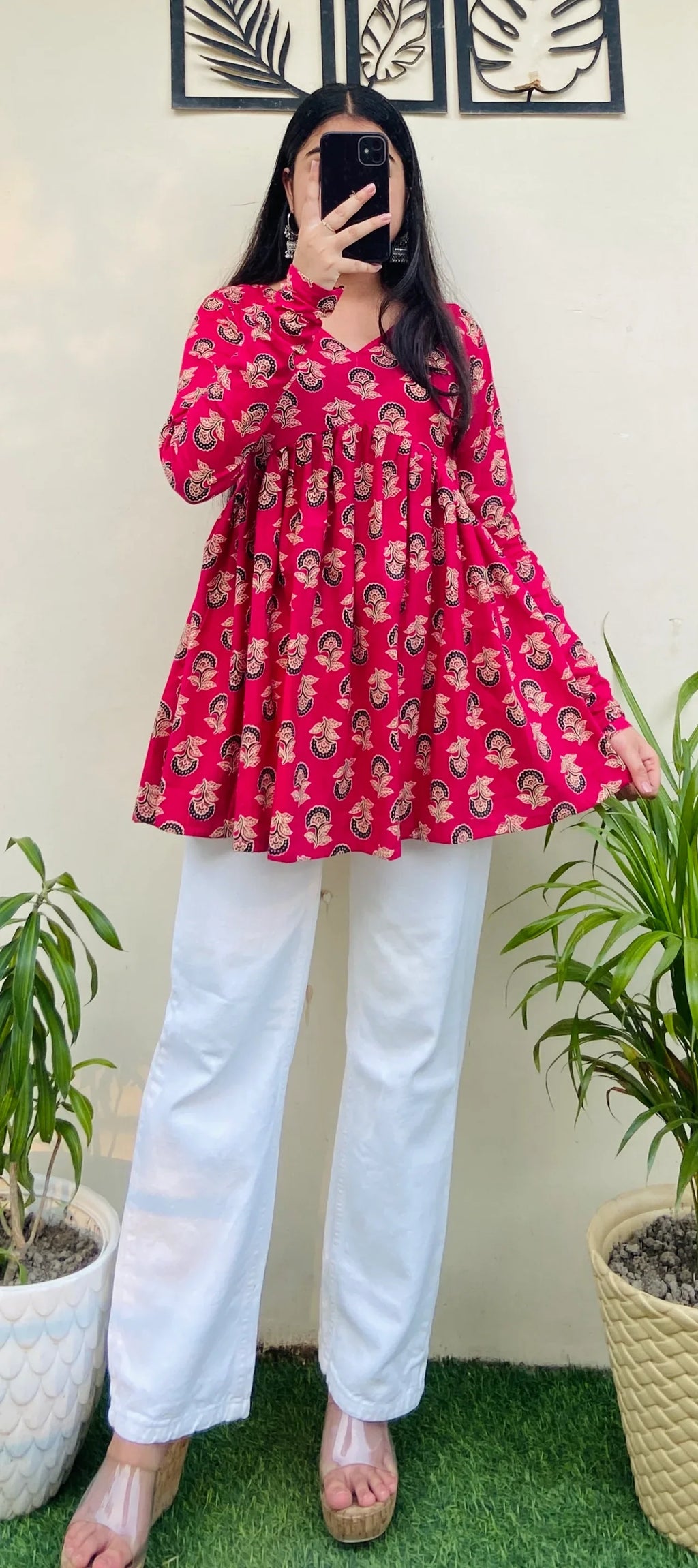 Cotton Flared Hot Pink Aliacut Printed Peplum Top - Dolled Up