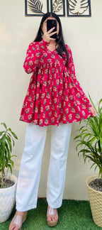 Cotton Flared Hot Pink Aliacut Printed Peplum Top - Dolled Up