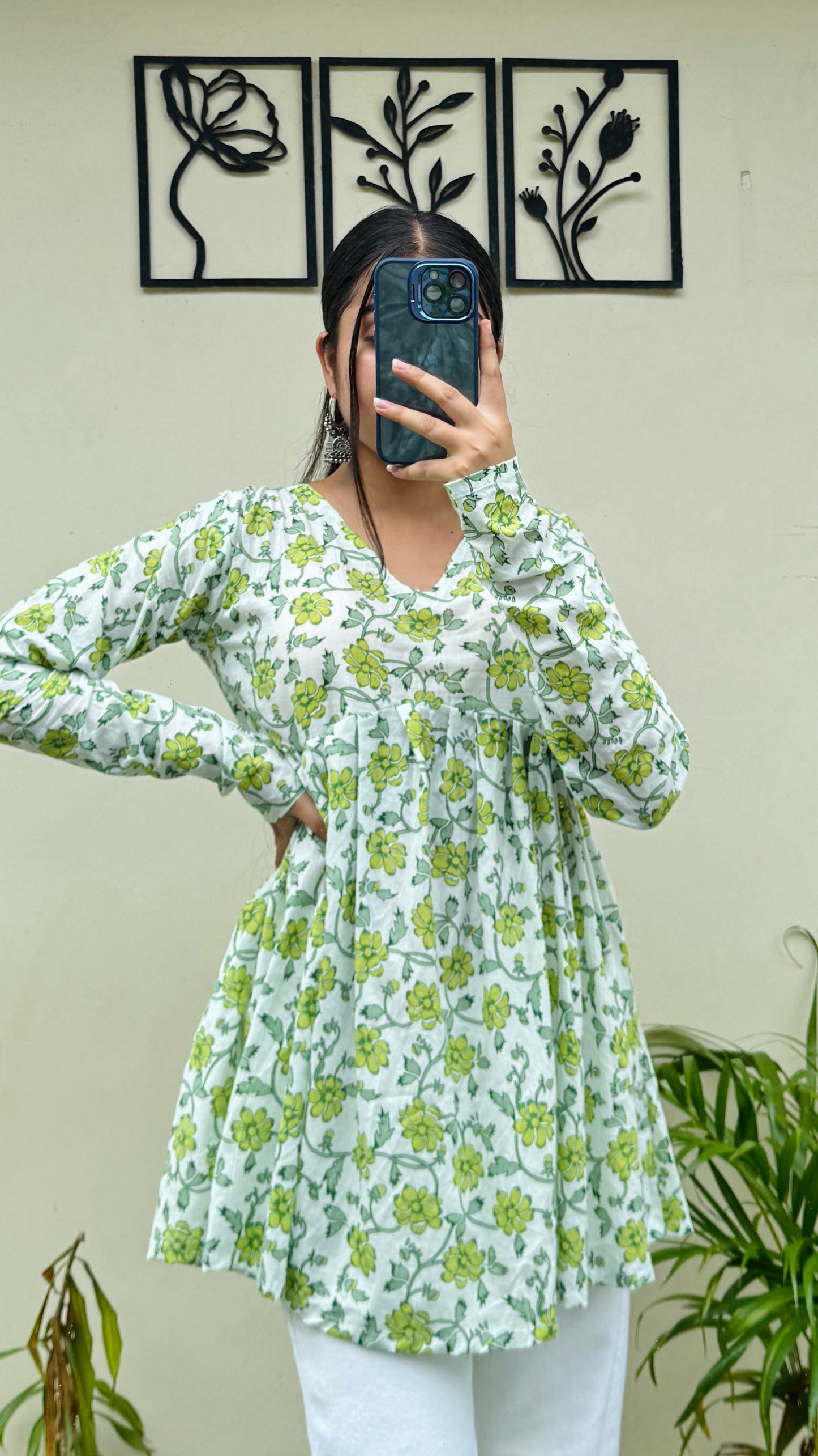 Cotton Flared White Aliacut Floral Print Peplum Top