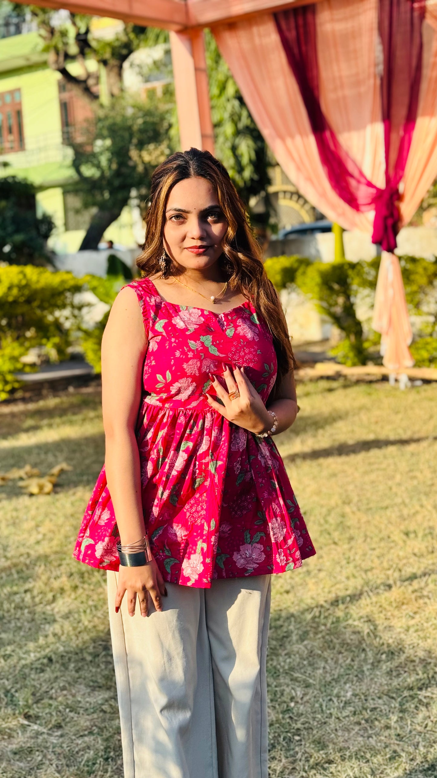 Cotton Flared Back Less Neck Design Short Kurti