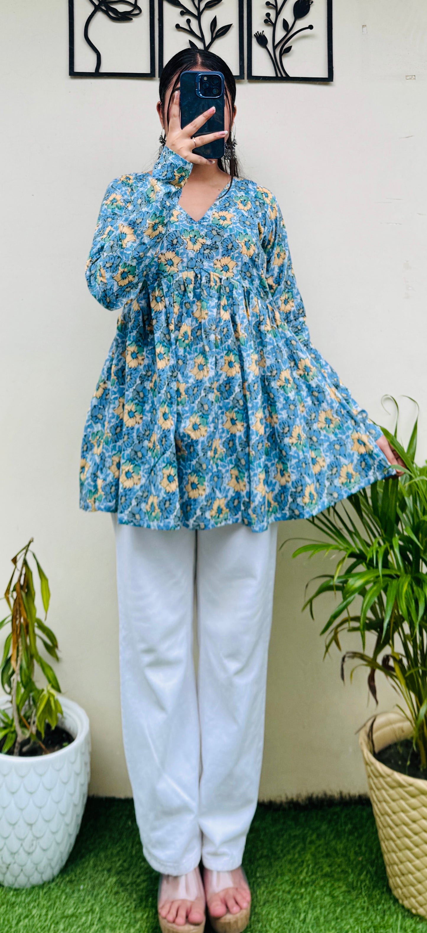 Cotton Skyblue Flared Floral Print Aliacut Peplum Top