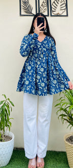 Cotton Flared Royal Blue Aliacut Floral Print Peplum Top - Dolled Up