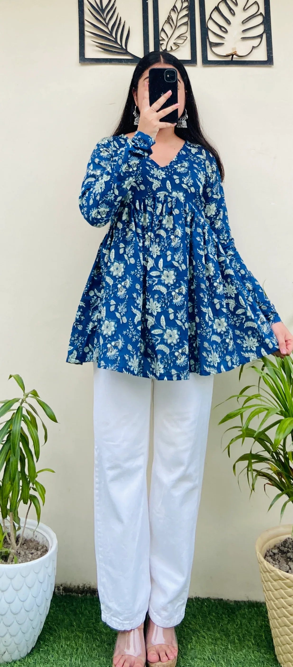 Cotton Flared Royal Blue Aliacut Floral Print Peplum Top - Dolled Up