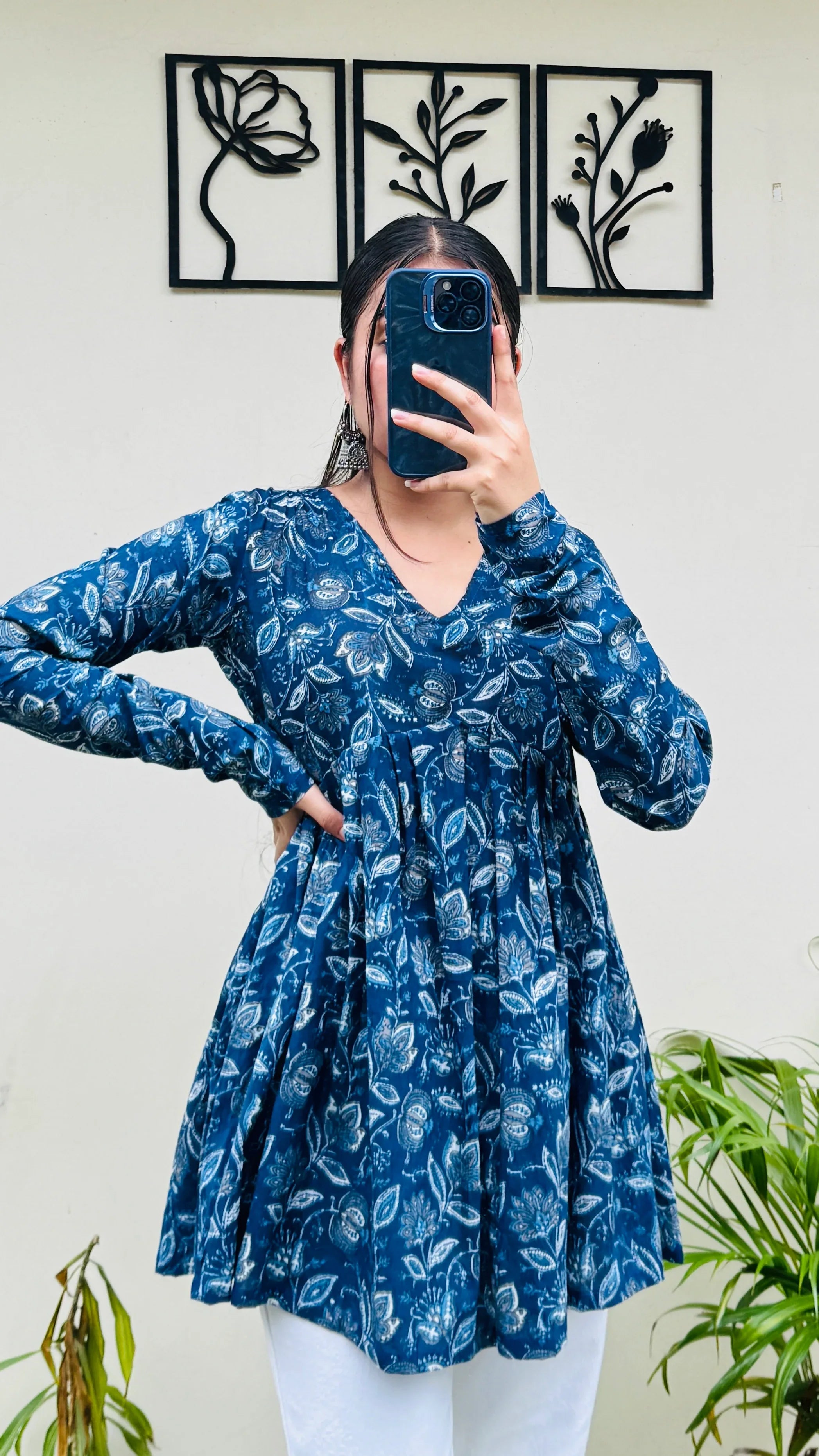Cotton Flared Blue Aliacut Floral Print Peplum Top - Dolled Up