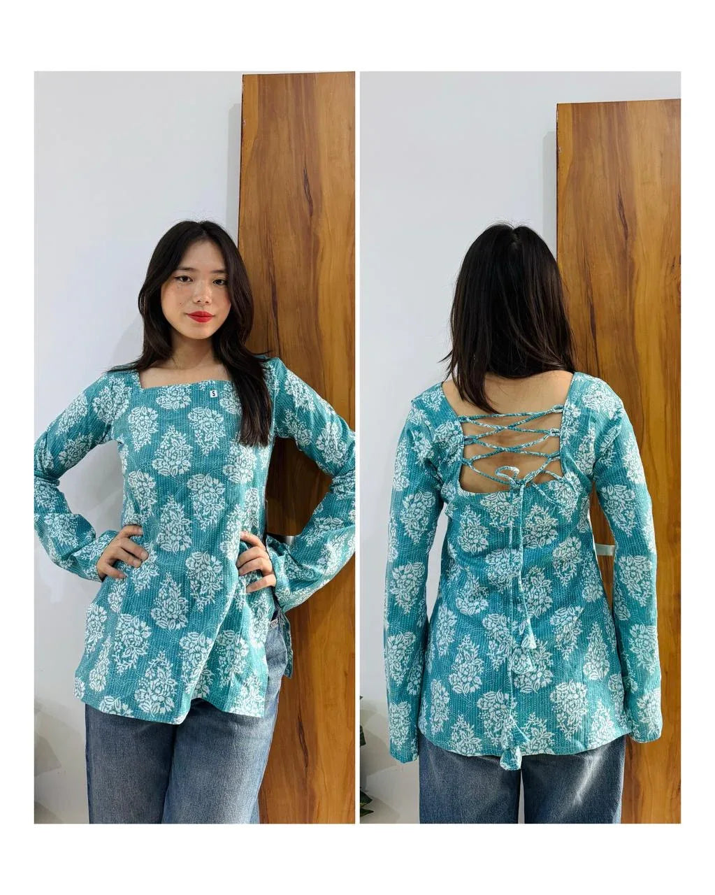 Cotton Katha Blue Bell Sleeves Back Crisscross design Short Kurti - Dolled Up