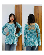 Cotton Katha Blue Bell Sleeves Back Crisscross design Short Kurti - Dolled Up