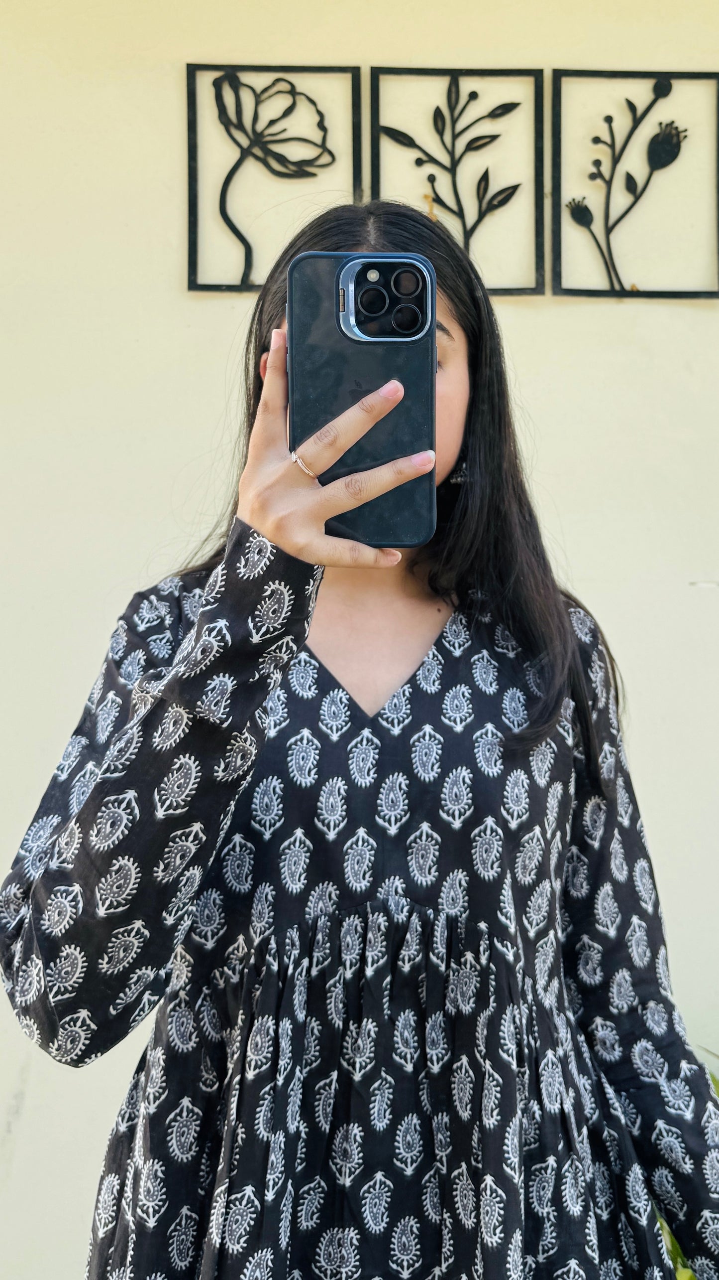 Cotton Black Flared Printed Aliacut Peplum Top