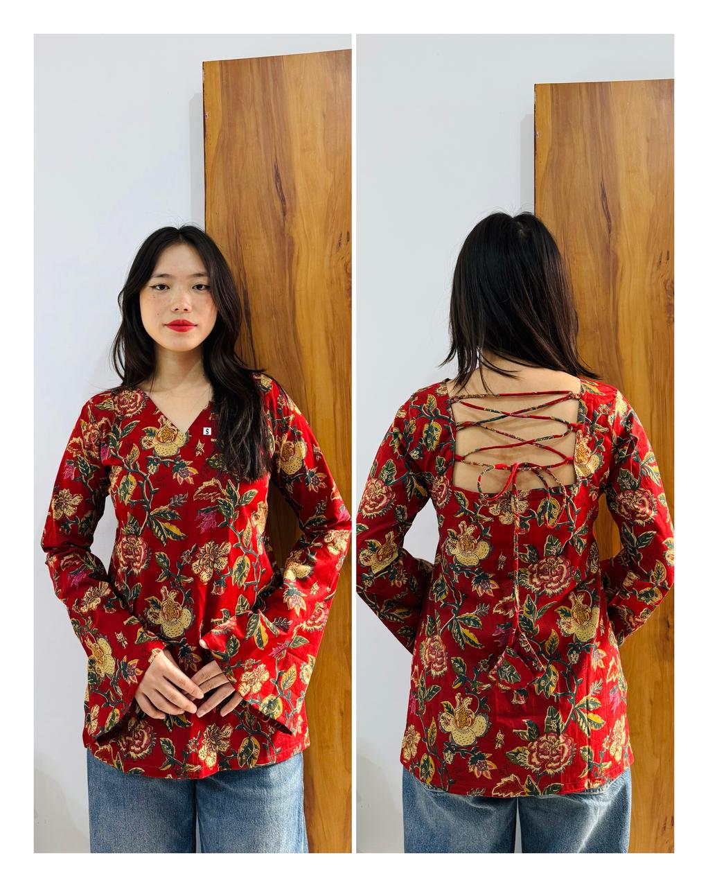 Cotton Bell Sleeves Back Crisscross design Short Kurti