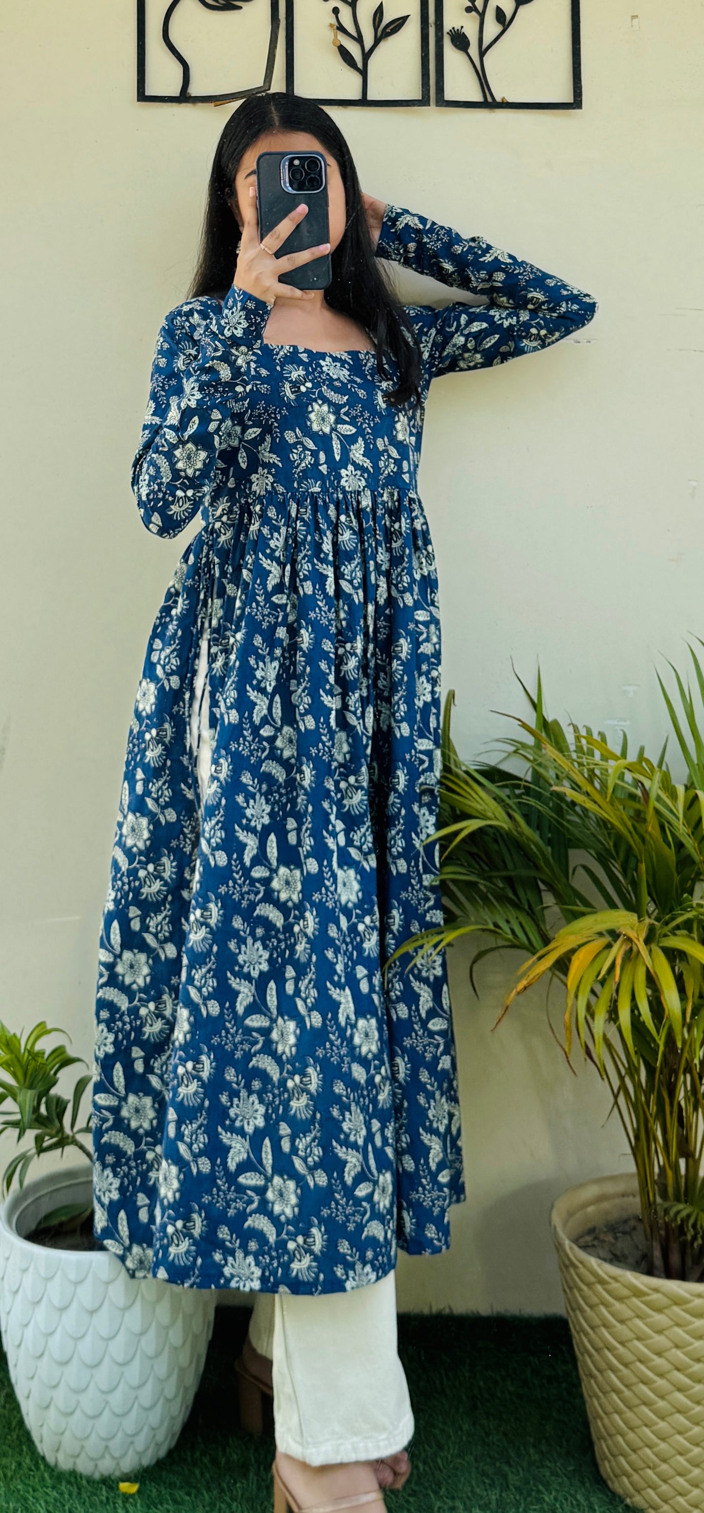 Cotton Full Sleeve Blue Nyra Cut Long Kurti