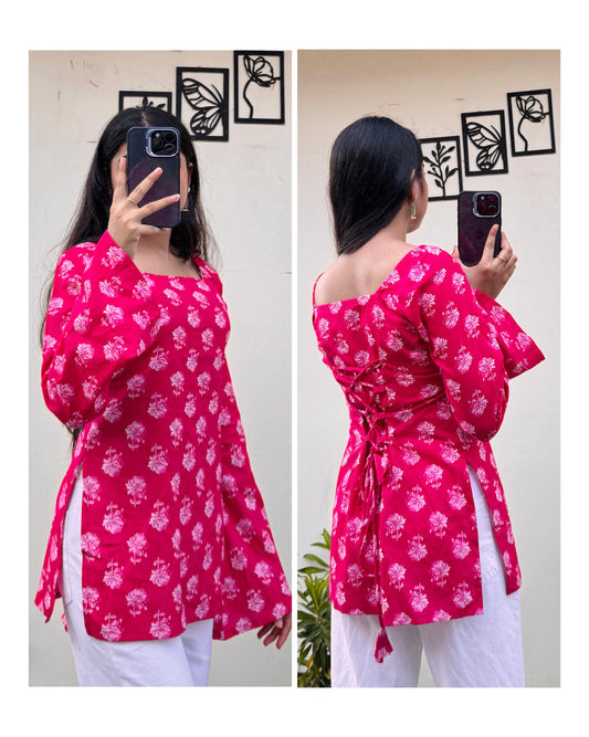 Cotton Dark Pink Square Neck Corset Back Short Kurti