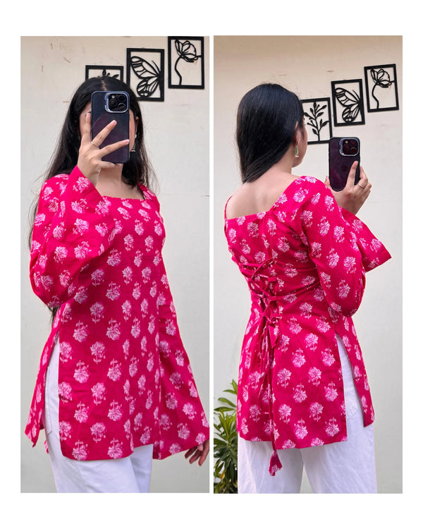 Cotton Dark Pink Square Neck Corset Back Short Kurti - Dolled Up