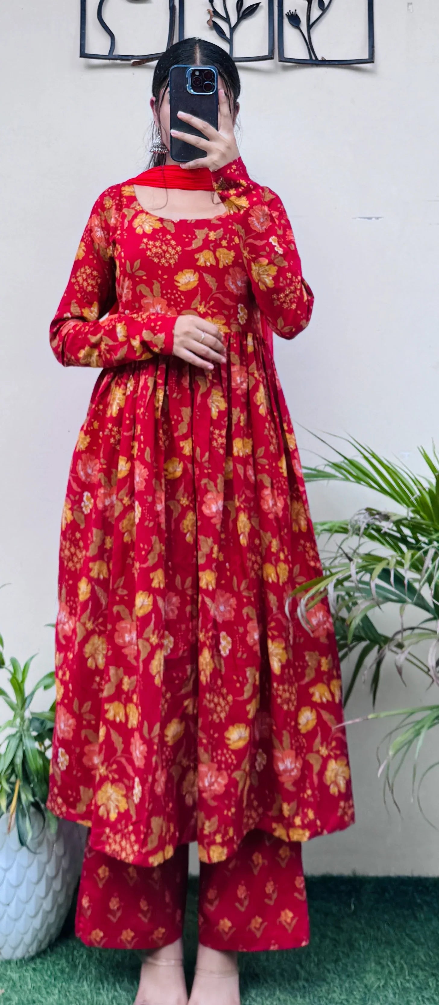 Beautiful Cotton Red Anarkali Suit Set - Dolled Up