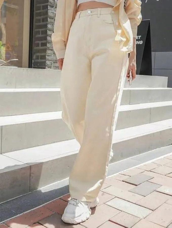 High Waisted Cream Wide Leg Denim Jeans