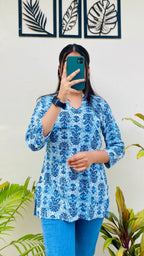 Blue Printed Cotton Short Kurti - Dolled Up