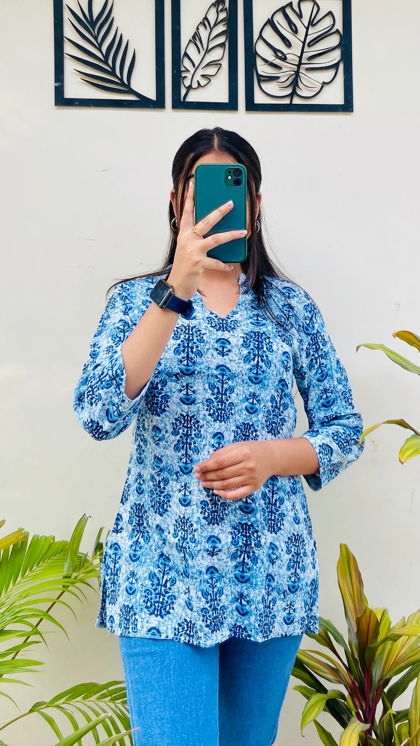 Blue Printed Cotton Short Kurti