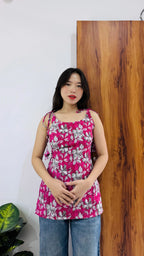 Cotton Katha Pink Floral Print Tie Knot Short Kurti - Dolled Up