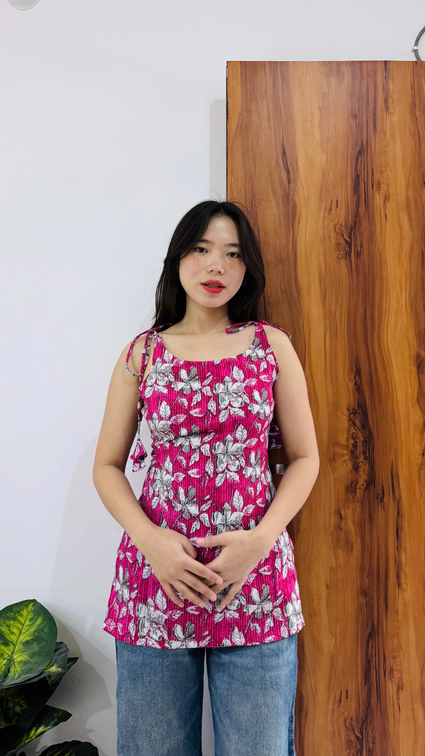 Cotton Katha Pink Floral Print Tie Knot Short Kurti