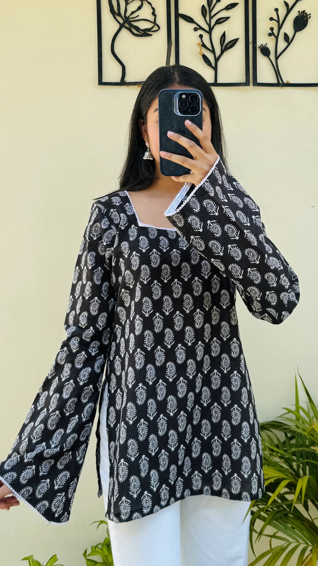 Cotton Square Neck Lace detailing Bellsleeve Short Kurti - Dolled Up