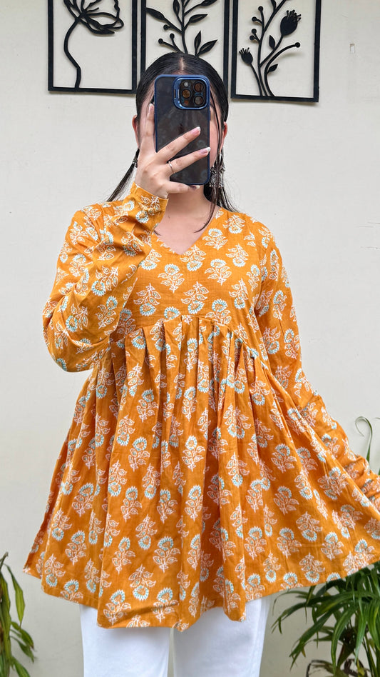 Cotton Flared Yellow Aliacut Floral Print Peplum Top
